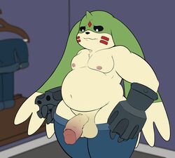 2018 anthro balls belly big_balls big_ears big_penis black_sclera chest_tuft clothed clothing cute_fangs darkened_genitals digimon digital_media_(artwork) dressing_room_(disambiguation) fangs firebadger front_view frown fur gargomon glans green_fur gun gun_arm hi_res humanoid_penis jeans lagomorph long_ears looking_at_penis looking_down male male_only mammal markings navel nipples overweight overweight_male pants partially_clothed penis poking_out ranged_weapon red_markings solo standing teeth thick_penis tuft weapon white_fur