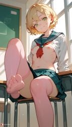 ai_generated blonde_hair classroom feet feet_fetish feet_focus female female_only green_eyes hard_nipple nipples pink_stockings playful school_uniform schoolgirl short_hair small_breasts smaller_female sole_female stockings