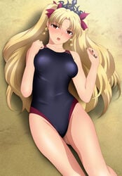 bare_shoulders blonde_hair breasts brown_hair competition_swimsuit ereshkigal_(fate) fate/grand_order fate_(series) female legs looking_at_viewer lying one-piece_swimsuit parted_bangs thighs twintails yadokari_genpachirou