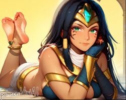 1girls ai_generated black_hair egyptian feet feet_focus feet_together feet_up female foot_fetish foot_focus green_eyes league_of_legends looking_at_viewer sivir tagme tanned tanned_skin the_pose viviai