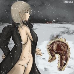 1female 1male agni blonde_hair coat fire_punch half_naked judah_(fire_punch) kneeling pale-skinned_female pale_skin smoking snow snowing standing, tmouse,