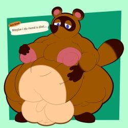 2024 absurd_res animal_crossing anthro balls big_balls big_moobs blue_eyes brown_body brown_ears brown_fur brown_nose brown_tail canid canine digital_media_(artwork) english_text fur gameplay_mechanics genitals half-closed_eyes hand_on_belly hand_on_moob hand_on_own_belly hi_res huge_balls hyper hyper_balls hyper_genitalia itsme_hilo male mammal moobs morbidly_obese morbidly_obese_anthro morbidly_obese_male multicolored_body multicolored_ears multicolored_fur narrowed_eyes nintendo nipples obese obese_anthro obese_male overweight overweight_anthro overweight_male penis pink_nipples raccoon_dog small_penis solo standing tail tanuki text text_box three-quarter_view tom_nook tom_nook_(animal_crossing) two_tone_ears two_tone_tail