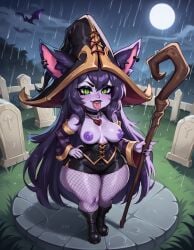 ai_generated big_ass black_boots black_dress black_lipstick breasts breasts_out dizelxl fishnet_legwear fishnet_thighhighs fishnets goth goth_girl gothic green_eyes league_of_legends league_of_legends:_wild_rift lipstick lulu_the_fae_sorceress purple_hair purple_nipples purple_skin raining riot_games short_sleeves shortstack small_breasts smirk thick_thighs tongue tongue_out wide_hips yordle