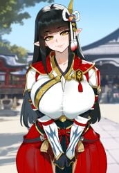 1girls ai_generated big_breasts black_hair creamy_ai curvy hakama hime_cut hinoa japanese_clothes large_breasts monster_hunter monster_hunter_rise solo thiccwithaq_(ai_style) thick_thighs wide_hips yellow_eyes