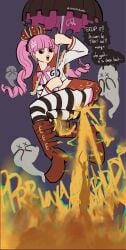 1girls anotherwasteoftime fart fart_fetish farting female female_only one_piece perona pink_hair striped striped_legwear text