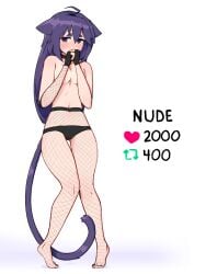 bell belly belly_button cat_ears cat_girl cat_tail catgirl claws collar covering_breasts earrings embarrassed embarrassed_female embarrassed_nude_female female fishnets gloves leash leash_and_collar long_tail nude nude_female panties purple_hair raddles radraddles shy small_breasts stomach strip strip_game stripping stripping_game tail thighs tucked_tail twitter underwear waist worried worried_expression