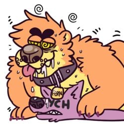 2018 alpha_channel anthro badbeawzone bear beaw black_nose blush bondage brown_fur canine collar drooling duo fur hypnosis male mammal mind_control multicolored_fur purple_fur saliva sex simple_background spiral spiral_eyes sweat teeth text tongue tongue_out transparent_background two_tone_fur wolf yaoi ych