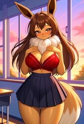 ai_generated big_breasts blue_skirt breasts brown_body brown_fur brown_hair cleavage creatures_(company) eeveelution evee female female_focus female_only kemonogirls large_breasts neck_tuft nintendo pleated_skirt pokemon pokemon_(species) red_bra school_uniform schoolgirl solo