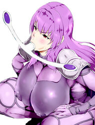 1girls blush bodysuit butt_crack censored curvy erect_nipple erect_nipples eyelashes fate/grand_order fate_(series) female female_only front_view human kneeling large_breasts long_hair looking_down mozu-k pose posing purple_hair red_eyes scathach_(fate) shiny shiny_skin shoulde_pads solo spread_legs spreading sweat voluptuous wide_hips