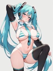 1girls ai_generated big_breasts bikini bikini_bottom bikini_top blue_eyes blue_hair breasts cleavage exposed_shoulders female geerira79579 hatsune_miku huge_breasts large_breasts long_hair revealing_clothes shooting_rinai solo striped_swimsuit striped_swimwear twintails vocaloid