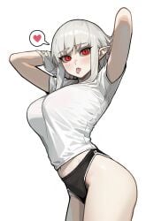 arms_up ass big_breasts breasts heart insact looking_at_viewer midriff original original_character pointy_chin pointy_ears red_eyes short_shorts shorts thick_thighs thighs tongue tongue_out