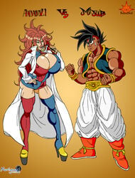 1boy 1girls abs alternate_version_available android_21 android_21_(human) bare_shoulders belt big_breasts black_eyes black_hair blue_eyes brown_hair busty cleavage cleavage_cutout coat color colored curvy dark-skinned_male dark_skin dragon_ball dragon_ball_fighterz dragon_ball_gt dress erect_nipples eyelashes female front_view glasses hand_on_hip high_heels holding_object hourglass_figure human interracial long_hair majuub male muscles muscular muscular_male nipple_bulge shoes short_hair standing sun1sol text uub video_games voluptuous wide_hips