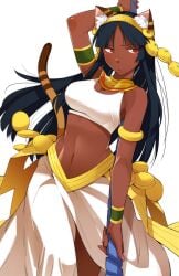 aiba-tsukiko ancient_egyptian animal_ears bastet_(p&d) black_hair cat_ears cat_tail dark-skinned_female dark_skin female female_focus fusion headband highres isis_(p&d) jewelry lots_of_jewelry midriff navel puzzle_&_dragons red_eyes solo staff tail