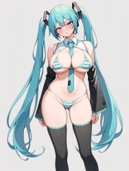 1girls ai_generated big_breasts bikini bikini_bottom bikini_top blue_eyes blue_hair breasts cleavage exposed_shoulders female geerira79579 hatsune_miku huge_breasts large_breasts long_hair revealing_clothes shooting_rinai solo striped_swimsuit striped_swimwear twintails vocaloid