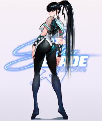 alternate_color ass black_hair blunt_bangs bodysuit breasts brown_eyes cesar_art456 commentary copyright_name english_commentary eve_(stellar_blade) female from_behind full_body green_bodysuit high_ponytail highres long_hair long_legs looking_at_viewer looking_back medium_breasts multicolored_bodysuit multicolored_clothes planet_diving_suit_(6th)_(stellar_blade) simple_background skin_tight solo standing stellar_blade tiptoes very_long_hair white_background white_bodysuit white_bodysuit
1girl