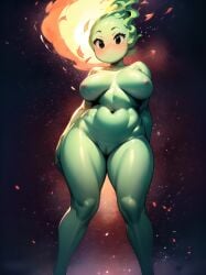 ai_generated black_background black_eyes blush breasts curvy deltarune female fire fire_elemental flames fuku_fire green_fire green_skin looking_at_viewer monster_girl naked nude pixai solo undertale undertale_(series)