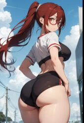 ai_generated anime at big blue breasts eyes girl hair long ponytail posing red showing_breasts staring the thick thighs viewer