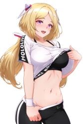 1girls aki_rosenthal black_pants blonde_hair blush breasts detached_hair hololive hololive_dance_practice_uniform hololive_gen_1 hololive_japan large_breasts long_hair midriff navel open_mouth p-nekoe parted_bangs purple_eyes short_sleeves solo virtual_youtuber white_shirt