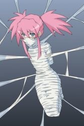 1girls blue_eyes bondage cocoon female gag gagged harusame immobile pigtails pink_hair presea_combatir restrained simple_background solo spider_web tales_of_(series) tales_of_symphonia tied_up twintails web web_bondage web_gag webbing wrapped