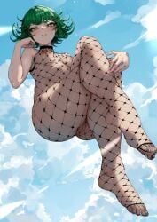 1girls aoi_sakura_(seak5545) ass bodystocking breasts chinese_commentary closed_mouth commentary_request crossed_legs curly_hair feet female fishnets floating from_below green_eyes green_hair legs levitation looking_at_viewer nipples no_shoes one-punch_man psychic pussy short_hair sky small_breasts smile solo tatsumaki toenails toes uncensored