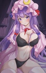 1girls 2d belly belly_button blush bra breasts clothed clothed_female dress dress_lift exposed_breasts female hair_ribbon hat indoors long_hair looking_at_viewer mob_cap open_clothes panties partially_clothed partially_clothed_female patchouli_knowledge presenting presenting_body presenting_breasts purple_eyes purple_hair ramie_(ramie541) shy sitting solo source thighhighs touhou