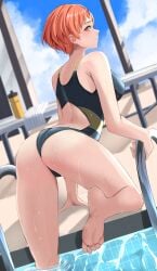 1girls alternate_costume alternate_hairstyle ass back back_view backless_outfit bare_arms bare_back bare_legs barefoot bench big_ass black_one-piece_swimsuit black_swimsuit bottle breasts climbing female female_only fire_emblem fire_emblem:_three_houses fire_emblem_warriors:_three_hopes from_behind indoors legs leonie_pinelli looking_at_viewer looking_back medium_breasts nintendo official_alternate_hairstyle one-piece_swimsuit orange_eyes orange_hair peli_cantaro pool pool_ladder short_hair solo swimsuit water wet window