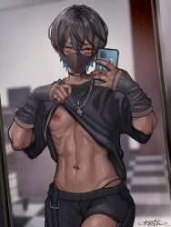 1boy abs chains choker clothes_lift femboy gay looking_at_viewer male_with_painted_nails mask masked masked_male mirror mirror_selfie nail_polish nipple nipple_piercing original original_character pecs pierced_nipples piercing pov pov_eye_contact rokuzu_keita rokuzukeita selfie solo solo_male t-shirt taking_picture tan_body tan_skin