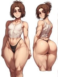 abs aged_up ai_generated ass ass_cheeks ass_focus ass_view attack_on_titan back_view bare_shoulders big_ass brown_hair bubble_ass bubble_butt collarbone cropped_tank_top fat_ass female_focus female_only fit_female front_view gabi_braun hand_on_side hand_on_thigh huge_thighs legs_together light-skinned_female light_skin looking_at_viewer looking_back looking_back_at_viewer midriff navel oatmealdood seductive seductive_look seductive_smile shingeki_no_kyojin shortstack showing_off simple_background small_breasts smiling smiling_at_viewer tank_top thick thick_thighs thighs thong white_background white_tank_top white_topwear