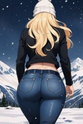 1girls ai_generated ass ass_focus astronaut beanie blonde_hair blue_pants denim facing_away from_behind from_below hat jeans large_ass long_hair long_sleeves megazard mountain night night_sky outdoors snow snowflakes snowing solo tagme walking wide_hips winter