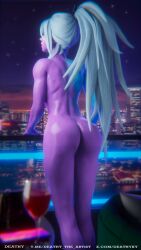 3d 3d_(artwork) back back_view balcony blender blender_(software) blender_cycles deathy dota_2 drow_ranger female female_focus female_only muscular muscular_female night purple_skin white_hair wine_glass