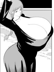 1girls alternate_breast_size beach bursting_breasts chainsaw_man cleavage dress emmarrgus greyscale huge_ass huge_breasts makima_(chainsaw_man) manga manga_style panels ponytail redraw venus_body voluptuous