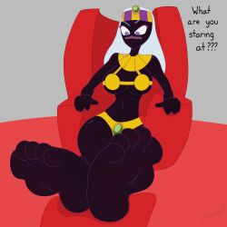 barefoot crown dialogue duck_dodgers facial_mark feet foot_fetish golden_bikini_top limscast looking_down looney_tunes martian_(duck_dodgers) purple_eyebrows purple_eyes queen_tyr'ahnee questioning raised_eyebrow red_chair sitting_on_chair soles warner_brothers white_hair