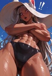 abs absurd_res ai_assisted ai_generated black_bikini_bottom bunny_ears bunny_girl covering_breasts dark-skinned_female dark_skin highres long_hair mirko miruko my_hero_academia shocked_expression sunhat surprised surprised_expression topless usagiyama_rumi white_hair