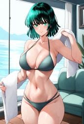 1girls ai_generated bare_arms bare_legs bare_shoulders bare_thighs big_breasts bikini bikini_bottom bikini_top clothed clothing color female female_focus female_only fubuki_(one-punch_man) green_eyes green_hair hi_res large_breasts light-skinned_female light_skin looking_at_viewer one-punch_man short_hair solo solo_female tagme takenaka_ai thick_thighs