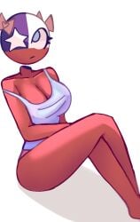 1girl blue_eyes chile_(countryhumans) countryhumans countryhumans_girl eyebrows eyebrows_raised eyelashes female girl girly legs legs_crossed long_legs multicolored_face oksaoksa only_female pink_panties red_body shirt white_background white_shirt