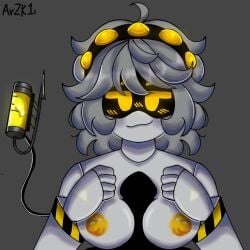 arzk1i big_breasts blush boobjob breasts_out female_only gray_hair headband murder_drones nipples robot robot_girl robotic_arm smirk smug tail the_endless_void v_(murder_drones) yellow yellow_eyes