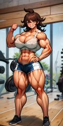 abs ai_generated biceps brown_hair cleavage cropped_shirt danganronpa dark_skin deltoids denim_shorts full_body green_eyes grin huge_breasts looking_at_viewer muscular_female owari_akane pecs quads sleeveless tanned zakvar