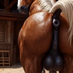 ai_generated anatomically_correct anus from_behind from_behind_position horse huge_balls looking_at_viewer looking_back male male_only smirk sweat tail zoophilia zoophilia