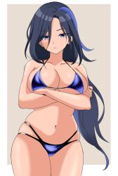 1girls arms_crossed big_breasts bikini bikini_bottom bikini_top blue_bikini bottomwear breasts cleavage clorinde_(genshin_impact) dark_blue_hair female female_only genshin_impact hair hips huge_breasts long_hair purple_eyes solo solo_female space_roo swimwear thighs topwear