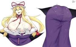 1girls ass back_view big_ass big_breasts blonde_hair breasts cleavage clothed_female dat_ass gap_(touhou) hat heart_hands huge_breasts light-skinned_female long_hair mature_female now_you're_thinking_with_portals omikami open_mouth purple_dress solo solo_female thick_thighs thighs touhou watermark white_background yellow_eyes yukari_yakumo