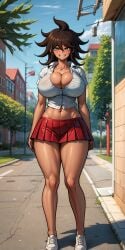 1girls ai_generated athletic_female brown_hair danganronpa dark-skinned_female dark_skin full_body green_eyes huge_breasts looking_at_viewer owari_akane red_skin school_uniform tan thick_thighs white_shirt zakvar