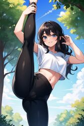 1girls ai_generated bangs black_hair black_legwear blue_eyes blue_sky branch breasts bush cameltoe cloud crop_top flexible leg_lift leg_up long_hair looking_at_viewer megazard navel outdoors short_sleeves smile solo split standing standing_on_one_leg standing_split tagme thighs tree white_shirt