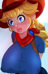 1girls akutosai_art alternate_version_available big_breasts big_lips blonde_hair blue_eyes blush breast_focus breasts cowboy_hat cowgirl cowgirl_outfit cowgirl_peach ear_piercing earrings female female_only hair hat headwear hoop_earrings huge_breasts large_breasts lips lipstick looking_at_viewer mario_(series) neckwear nintendo pink_lips pink_lipstick plump_lips ponytail princess_peach princess_peach:_showtime! solo solo_female thick_lips upper_body