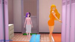 2girls 3d ahoge artist_name bangs bare_shoulders barefoot blonde_hair blood blue_eyes breasts collarbone comic dress female flat_chest hair_down indoors jewelry koikatsu large_breasts long_hair long_legs looking_at_viewer medium_breasts multicolored_hair multiple_girls naked_towel navel neo_(rwby) nipples nude orange_hair panty_(psg) patreon_username purple_eyes purple_hair shadow short_hair sisters small_breasts smile standing tagme tiles towel undressing virusb90 watermark web_address yang_xiao_long