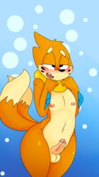 1boy 5_fingers anthro belly black_eyes blue_background blush bubble buizel crossed_eyes fin fins foreskin fur furry girly half-closed_eyes humanoid_penis iguanasarecool looking_away male male_only multiple_tails navel nintendo nipples open_mouth orange_fur otter penis pokémon_(species) pokemon pokemon_dppt precum small_penis solo standing teeth testicles thick_thighs tongue uncut video_games white_fur wide_hips