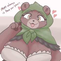 1girls 2023 anthro bear big_breasts brown_fur cleavage dialogue english_text female female_only flofluffy1 fur furry heart hi_res hood looking_at_viewer mama_mellow_(anotherbearsimp) mature mature_female portrait smiling smiling_at_viewer solo talking_to_viewer ursid ursine