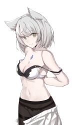 bare_shoulders black_legwear blck_bra breasts cat_ears catgirl cleavage core_crystal highres legwear looking_at_viewer medium_breasts midriff mio_(xenoblade) navel necobug panties removing_bra removing_clothing short_hair skirt skirt_down undressing white_hair white_panties white_skirt xenoblade_(series) xenoblade_chronicles_3 yellow_eyes