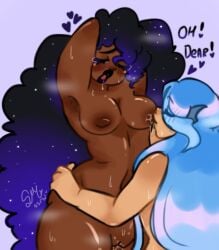 blue_hair breast_sucking breasts chocolate_and_vanilla closed_eyes cookie_run cookie_run_kingdom cookie_run_ovenbreak dark-skinned_female dirtyseashy light-skinned_female moaning moonlight_cookie sea_fairy_cookie sucking_nipples water_hair wet_pussy wholesome yuri