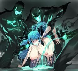 1girls big_breasts bite_mark blue_hair breasts censored cum cum_in_mouth cum_on_body defeated ejaculation female from_behind fucked_into_submission fucked_silly gangbang green_eyes group_sex gwen_(league_of_legends) human icek interspecies league_of_legends monster monster_cock mosaic_censoring on_floor rape rockbtm tagme