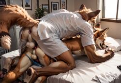 ai_generated anal anal_sex anthro anthro_on_anthro anus apartment aurugy balls bed canine duo fluffy_tail fox from_behind furry gay kenket male on_bed paws pleasure_face rim_light shirt